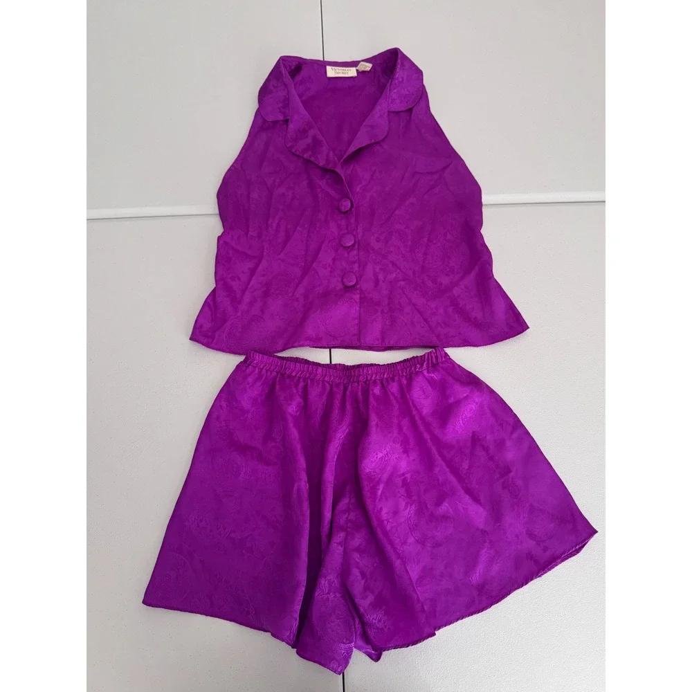 Vintage Victorias Secret Gold Label Satin Pajama Set Purple Floral Jacquard S gf